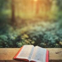 Open book resting on a wooden surface outdoors.